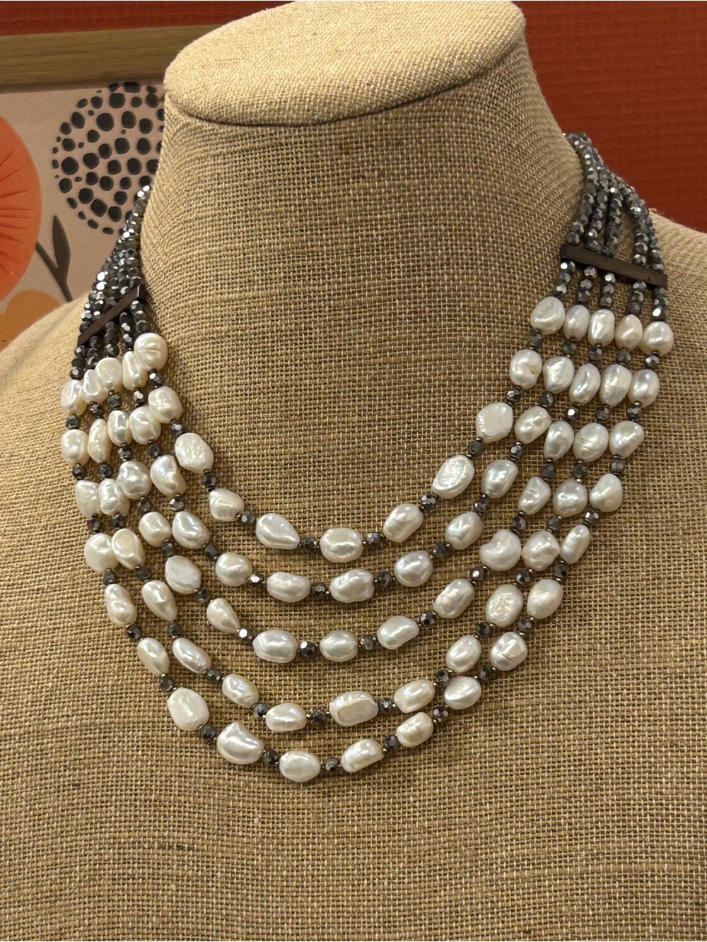 Retired Nakamol multi strand freshwater pearl and glass crystal necklace. FAB!